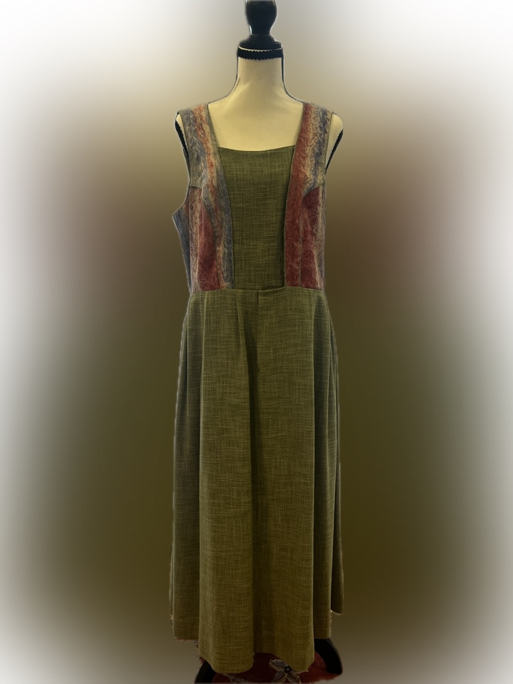 Sleeveless Olive Green Midi Dress with Rustic Panel Accents